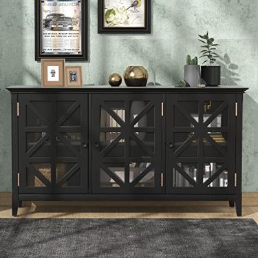 Imagem de Armário buffet moderno com armário grande de armazenamento com 3 portas de acrílico, prateleira ajustável, armário de armazenamento de 152 cm, mesa de entrada para casa, cozinha, sala de jantar,