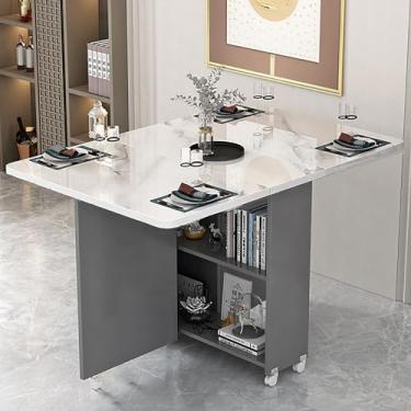 Imagem de Mesa de jantar dobrável extensível, mesa dobrável moderna, mesa de jantar com 8 rodas e prateleira de armazenamento de 2 camadas, mesa expansível multifuncional para cozinha, quarto, sala de estar