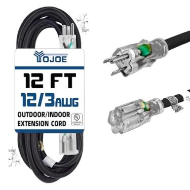 Imagem de YOJOE - Cabo de extensão interno e externo com extremidade iluminada, cabo de alimentação de 3 pinos à prova de intempéries, cabo de extensão preto de 12 metros, para