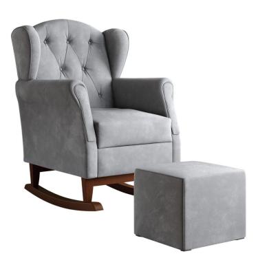 Imagem de Poltrona De Amamentação Com Balanço Letícia Pé Canoa E Puff Veludo Cinza - Phoenix Baby Veludo Cinza