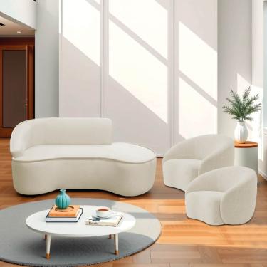 Imagem de Kit Divã Recamier Orgânico Marrocos 200cm Lado Direito E 2 Poltronas Amore Bouclé Bege