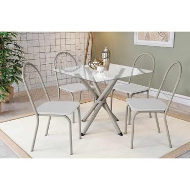 Imagem de Conjunto: Mesa Sala Jantar Volga C- Tampo De Vidro 90cm E 4 Cadeiras Noruega Niquel - Courano Branco - Kappesberg