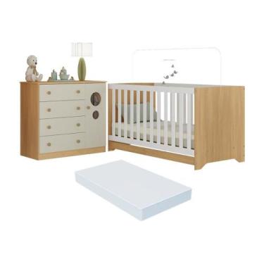 Imagem de Berço Americano 3 em 1 com Colchão Incluso e Cômoda 1 Porta 4 Gavetas 