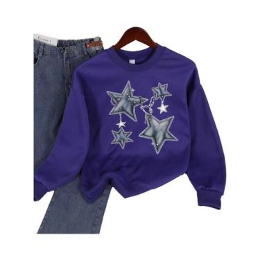 Imagem de Moletom Feminino Solto Com Gola Redonda, Estampa De Estrela Em Imitaçã