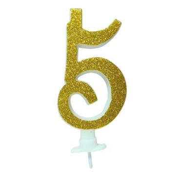 Imagem de Vela com suporte aniversario grande dourada glitter numero 5 - Silver 