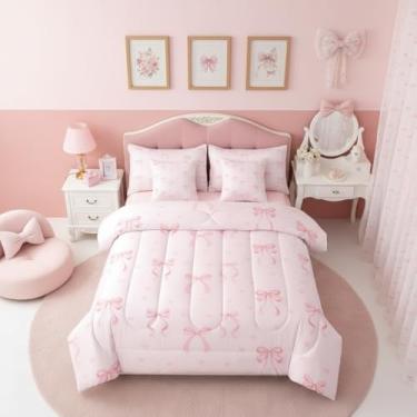 Imagem de Erosebridal Conjunto de edredom de princesa com laço rosa em uma bolsa, tamanho casal, 7 peças, conjunto de cama com laço rosa feminino, decoração de quarto, roupa de cama com nó de fita e lençol