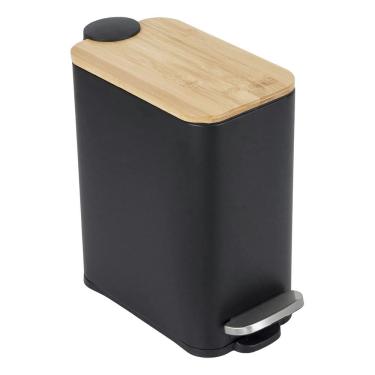 Imagem de Lixeira Banheiro 5l Preta E Madeira Metal Slim 29x14cm Pedal