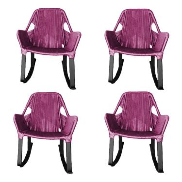 Imagem de Kit 4 Cadeiras De Balanço Athenas Corda Náutica Base Em Alumínio Preto-rosa