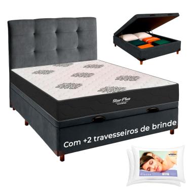Imagem de Cama Box Bau + Cabeceira + Colchão Casal Molas Ensacadas Star Plus + 2 Travesseiros Ortobom