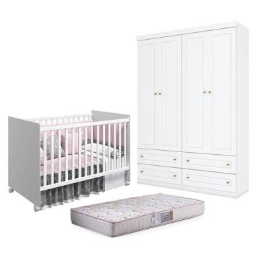 Imagem de Berço Nacional Mel Branco Acetinado  Reller e Guarda Roupa Infantil Am