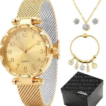 Imagem de Relógio Dourado Banhado + Pulseira + Colar Aço Inox Brinco silicone re