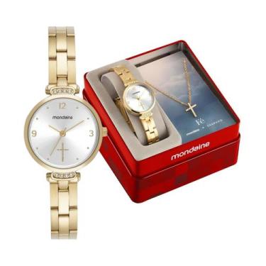 Imagem de Kit Relógio Feminino Mondaine Coleção Fé Dourado 50m 32964LPMKDE1K1