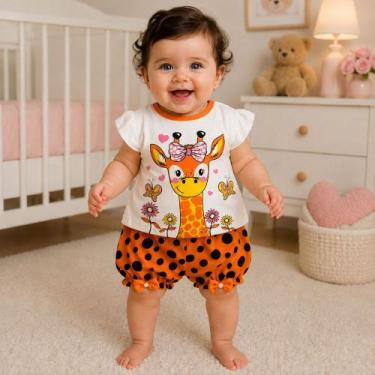 Imagem de Conjunto Infantil Bebê Girafinha Blusinha + Shorts Balonê com Laços Fo