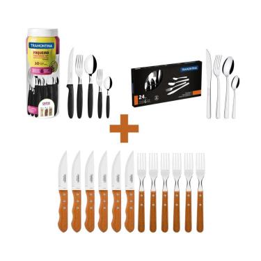 Imagem de KIT - Jogo De Churrasco Inox 12 Peças + 1 Faqueiro 30pç + 1 Faqueiro Inox 24pç - Tramontina