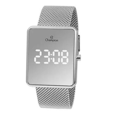 Imagem de Relogio Champion Quadrado Prata Espelhado Led Ch40080S