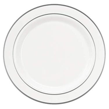 Imagem de Party Essentials Pratos de jantar descartáveis chineses de plástico rígido de 26 cm, branco com faixa de prata