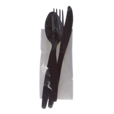 Imagem de Conjunto de Talhares Descartáveis com Colher, Garfo, Faca Pretos e Guardanapo com 100 Unidades Plastfood