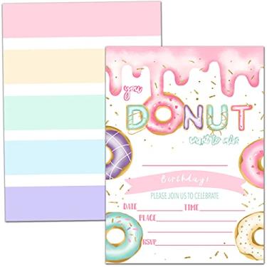 Imagem de Cartões de convite de festa de aniversário, celebração de festa de donut, donut, suprimentos de festa, lembrancinhas, 20 cartões com 20 envelopes – (tianq01)