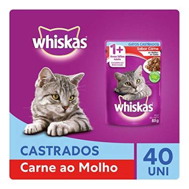 Imagem de Kit Ração Úmida Whiskas Sachê Carne ao Molho Para Gatos Adultos Castrados 40x85g