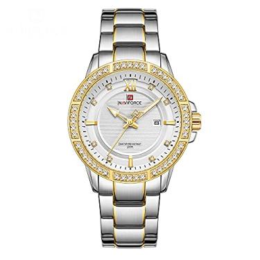 Imagem de NAVIFORCE Relógio masculino de luxo clássico com diamante para homens em aço inoxidável, à prova d'água, analógico, quartzo, calendário, relógio de pulso luminoso, NF9187-SG, M