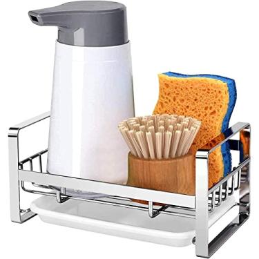 Imagem de Organizador de pia de cozinha, suporte de esponja para pia, bandeja de escorredor, panos de prato escova bancada de armazenamento de sabão com bandeja removível (não incluindo dispensador e esponja) (Branco)