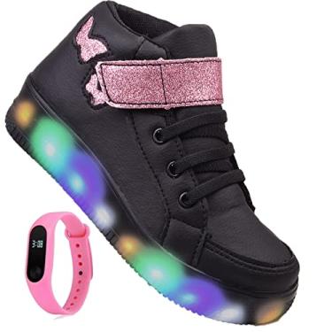 Imagem de Tenis Feminino Botinha De Led Borboleta Glitter Brilho + Relogio Cor:Preto;Tamanho:32