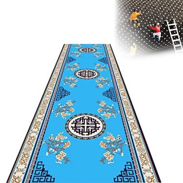 Imagem de Tapete de corredor, tapete de corredor tradicional, tapete de cozinha com pilha baixa que não solta, capacho frontal antiderrapante azul, com borda (tamanho: 90 x 500 cm (3 x 16,4 pés)) Comfortable