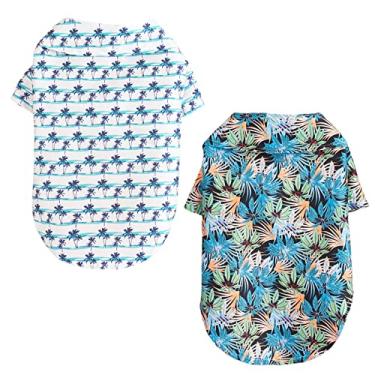 Imagem de 2 peças camisa havaiana para cães pequenos roupas de verão frescas respiráveis de coqueiro padrão de folhas de palmeira vestuário para animais de estimação pequenos (pequeno, árvore azul + folhas azuis)