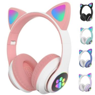 Imagem de FONE De Ouvido Com Led Infantil Orelhinha Gato MUSICA SEM FIO COLORIDO GATINHO Bluetooth (ROSA)