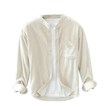 Imagem de Camisa masculina de veludo cotelê solto outono inverno tendência gola alta algodão retrô casual bolso cáqui, Branco, GG