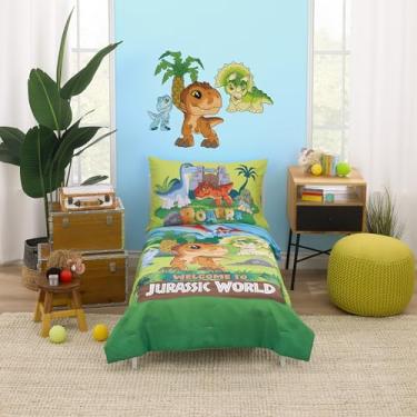 Imagem de NoJo Jogo de cama infantil universal Jurassic World Explorers Welcome to Jurassic World, dinossauro verde, azul e caramelo - edredom, lençol de baixo com elástico, lençol de cima e fronha reversível