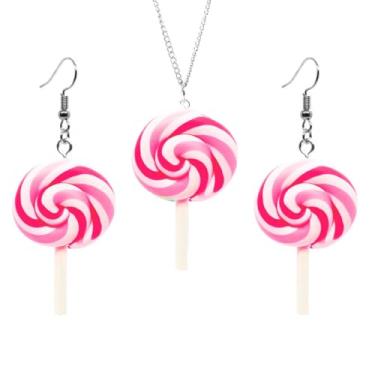 Imagem de Yissw Conjunto de 2 peças de colar de brincos de aço inoxidável colorido de pirulito para mulheres e meninas joias presentes (rosa), Resina, resina