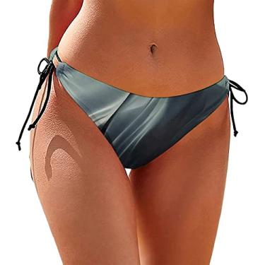 Imagem de Parte de baixo de biquíni feminino, parte de baixo de amarrar lateral, parte inferior de biquíni estampada, cintura baixa, roupa de banho, Cinza, P