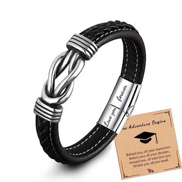 Imagem de Pulseira de couro trançado Mother and Son Forever Linked Together, To My Son/Grandson Pulseiras de aço inoxidável com trava de aço inoxidável para formatura de filho com caixa de cartão, Aço inoxidável, Sem pedras preciosas