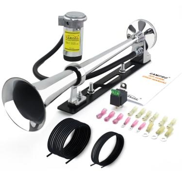 Imagem de GAMPRO Buzina pneumática de 12V 150DB com kit de suporte, 45,7 cm cromado, zinco, trompete, buzina de ar com compressor e suporte para qualquer veículo de 12 V, caminhões, trens, barcos, carros (preto
