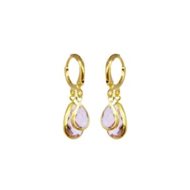 Imagem de Brinco Duplo Pingente Gota de Cristal Rosa Bebê Folheado Ouro 18k Antialérgico