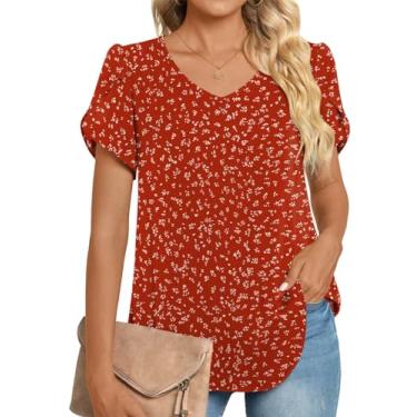 Imagem de HOTGIFT 2024 Blusa feminina de verão casual de chiffon túnicas com babados manga curta camiseta solta confortável, V/Bolinhas Vermelhas, 3G