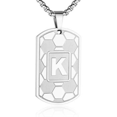 Imagem de Colar masculino com pingente de futebol com inicial A-Z, corrente de aço inoxidável, 55 cm + 5 cm, personalizado, esporte, atletas, joias, presente de futebol para homens, Prata, Sem Pedra Preciosa