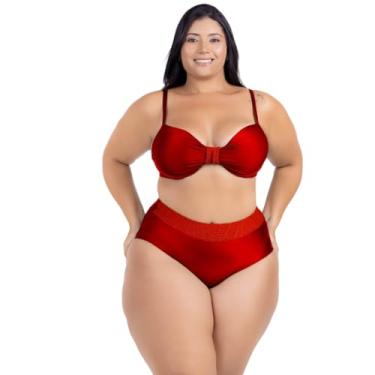 Imagem de Biquini Plus Size Sobreposição Croche Calcinha Alta Fio Duplo Cintira Alta Modela Cintura Com Bojo Detalhe Alcinha (BR, Numérico, 56, Plus Size, Vermelho)