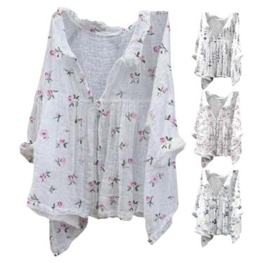 Imagem de Camisetas femininas de linho para o verão, estampa floral, botões, túnica de manga comprida, casual, gola V, blusas elegantes, Rosa Aahot, GG