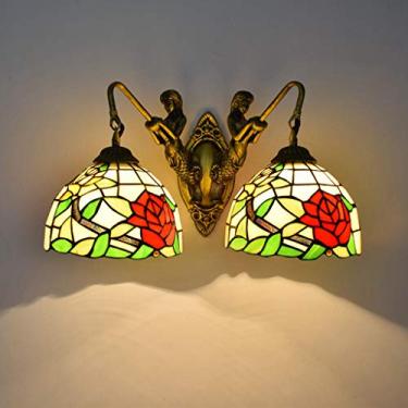 Imagem de Luzes de parede para sala de estar, lâmpada de parede de quarto vintage com sombra de vidro rosa vermelha, arandelas de parede de sereia antiga de cabeça dupla para corredor, cozinha, sala de jantar,