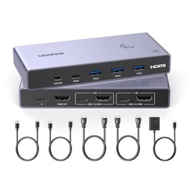 Imagem de UGREEN Switch KVM HDMI 8K com 4 portas USB 3.0 (3 USB-A + 1 USB-C) Switch USB para 2 computadores Compartilhe 1 monitor Teclado Mouse Discos rígidos Impressora com 2 cabos HDMI, 2 cabos USB e