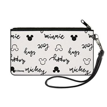 Imagem de Carteira Disney, zíper embreagem, ícones do Mickey e Minnie Mouse e rabiscos de script branco e preto, tela, Branco, 6.5" x 3.5", Casual