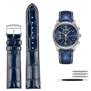 Imagem de waillynice Pulseira de relógio de couro genuíno para Longines L2 L3 L4 Masters Collection pulseira de couro bovino 19 mm 20 mm 21 mm (fecho de pino azul)