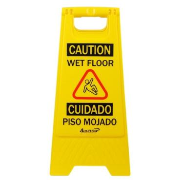 Imagem de Aoutrow Caution Placa de piso molhado, (L: 43,5 cm L: 21,3 cm A: 2,4 cm) Placa de segurança dobrável de dois lados para uso comercial, placa de aviso bilíngüe com moldura, amarelo (1 pacote amarelo)