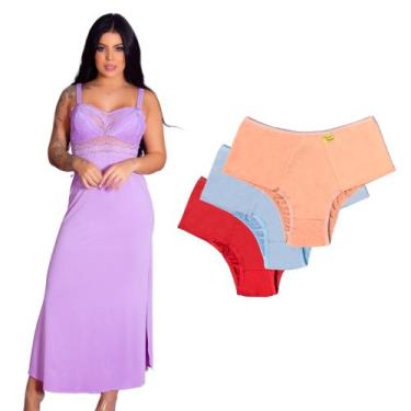 Imagem de Kit Camisola Longa Amamentação Com Recorte Lateral Sensual + 3 Calcinh