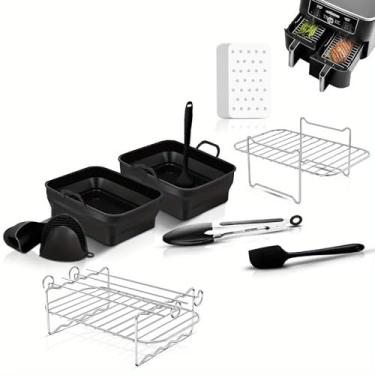 Imagem de Conjunto de acessórios para fritadeira Ninja Air Fryer com 11 peças para fritadeiras Air Fryer de cesta dupla, suportes para fritadeira Air Fryer, forros de silicone para fritadeira Air Fryer, escov