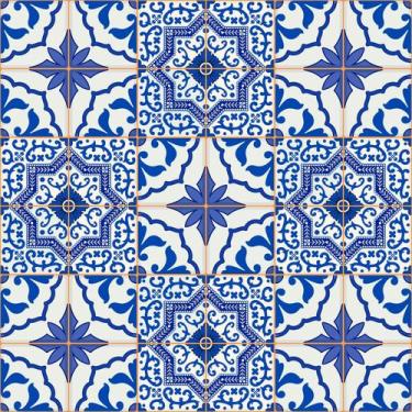 Imagem de Papel De Parede Vinílico Azulejo Português Azul e Branco Cozinha  3.5m