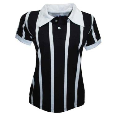 Imagem de Camisa Polo Botão Liga Retrô Feminina  Listrada p, Preto, Branco, p