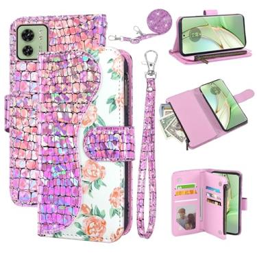 Imagem de Dibosom Capa carteira floral para Moto Edge 40 com alça de pulso alça de ombro flip zíper bolsa porta-cartão, suporte de couro PU de luxo brilhante brilhante brilhante capa de celular para Moto Edge